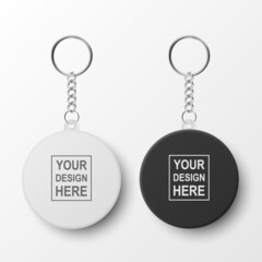 Vector 3d Realistic Blank Black, White Round Keychain with Ring and Chain for Key Isolated on White. Button Badge with Ring Set. Plastic, Metal ID Badge with Chains Key Holder, Design Template, Mockup