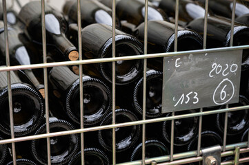 Full bottles of wine lying in a container, freshly corked. In the foreground, the fence of the container.