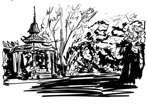 Thailand architecture sketch, black and white