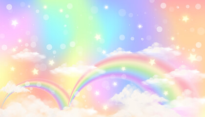 Holographic fantasy rainbow unicorn background with clouds. Pastel color sky. Magical landscape, abstract fabulous pattern. Cute candy wallpaper. Vector. © Chorna_L