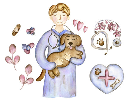 Chartoon cute  vet doctor illustration. World Veterinare day.Profession veterinarian  Male watercolor veterinarian with dog and medisines. 