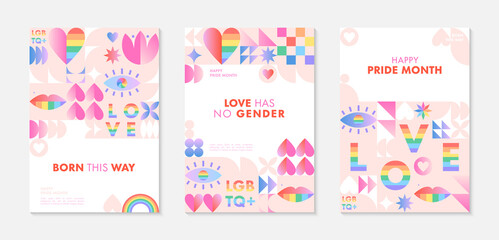 Fototapeta na wymiar Pride month poster templates.LGBTQ+ community vector illustrations in bauhaus style with geometric elements and rainbow lgbt symbols.Human rights movement concept.Gay parade.Colorful cover designs.
