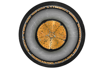 Close-up of high voltage copper coaxial cable cross-section, Isolated on white background.