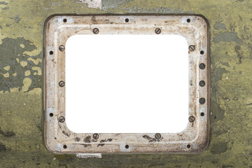 Shabby metal frame mockup with camouflage coating, looks like a window or porthole of armored vehicles.