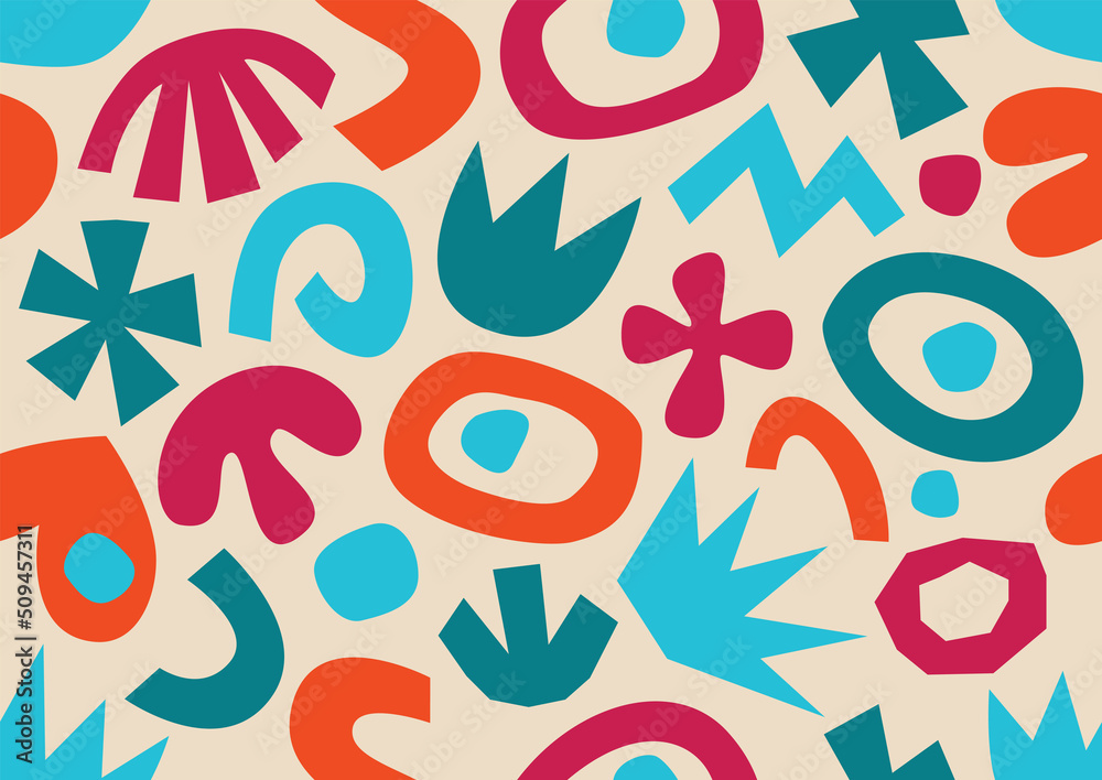 Wall mural various modern free form shapes and doodle objects seamless pattern. trendy contemporary pattern.