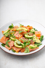Salmon salad with avocado,  for keto and low carb diet. Rusty background, top view, copy space.