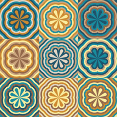 Set of trendy groovy flower power tiles backgrounds. Retro aesthetic hippie style floral objects.