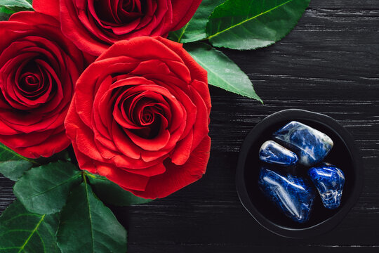 Red Roses and Sodalite on Black Background