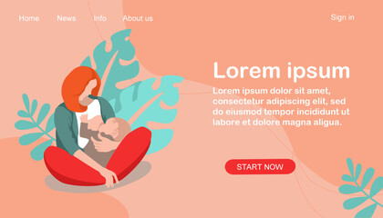 Breastfeeding website template. New mother feeding her baby with breast