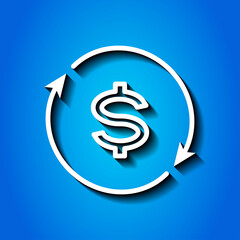 Dollar exchange simple icon vector. Flat design. White icon with shadow on blue background.ai