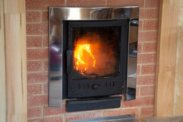 The stove in the house. Wood is burning in the stove.