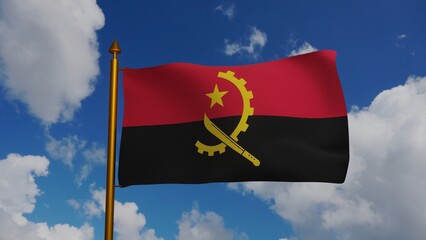 National flag of Angola waving 3D Render with flagpole and blue sky, Republic of Angola flag textile, Popular Movement for the Liberation of Angola MPLA. High quality 3d illustration
