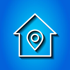 Location pointer, house simple icon vector. Flat design. White icon with shadow on blue background.ai
