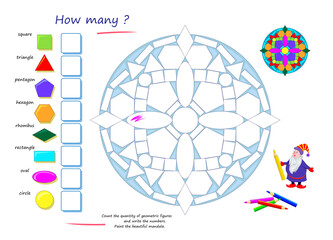 Educational worksheet for kids. Count the quantity of geometric figures and write numbers. Paint the beautiful mandala. Coloring book for children. Math logic puzzle game. Developing counting skills. - obrazy, fototapety, plakaty