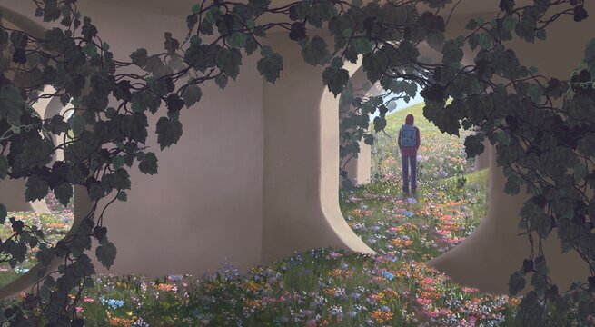 A man alone ina room of flower field. Concept art of way, change, travel, lonely, and summer, Conceptual painting. 3d illustration. surreal artwork.
