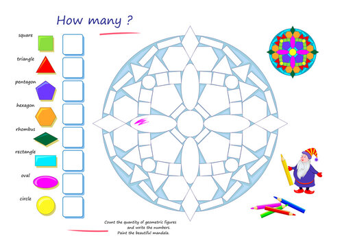 Educational worksheet for kids. Count the quantity of geometric figures and write numbers. Paint the beautiful mandala. Coloring book for children. Math logic puzzle game. Developing counting skills.