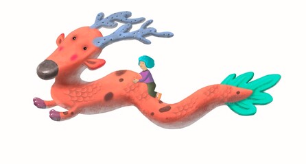 Dragon and a boy character design, 3d illustration, isolated on white background, hand drawn cartoon, monster painting. concept idea of child dream. kid