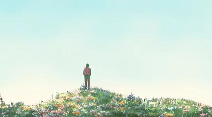Fototapeten A man alone in flower field. Concept art of happiness, lonely, hope, travel and summer, Conceptual painting. 3d illustration. surreal artwork. © Jorm Sangsorn