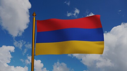 National flag of Armenia waving 3D Render with flagpole and blue sky, Armenian Tricolour flag Republic of Armenia. High quality 3d illustration