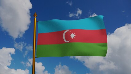 National flag of Republic of Azerbaijan waving 3D Render with flagpole and blue sky, Azerbaycan bayragi or Azerbaijanis Azeris, flag Azerbaijan Democratic Republic. High quality 3d illustration