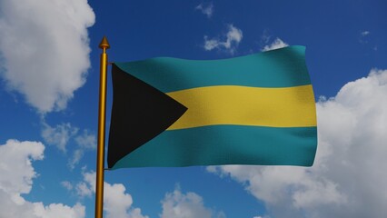 National flag of Commonwealth of The Bahamas waving 3D Render with flagpole and blue sky, flag Bahama Islands, Bahamas flag textile. High quality 3d illustration