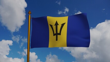 National flag of Barbados waving 3D Render with flagpole and blue sky, The Broken Trident or Barbados flag designed by Grantley Prescod, Lieutenant Hartley Dottin of the Barbados Regiment. 3d illustra