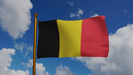 National flag of Belgium waving 3D Render with flagpole and blue sky, Kingdom of Belgium coat of arms of Royaume de Belgique, Drapeau belge or Belgian flag, Flagge Belgiens. 3d illustration