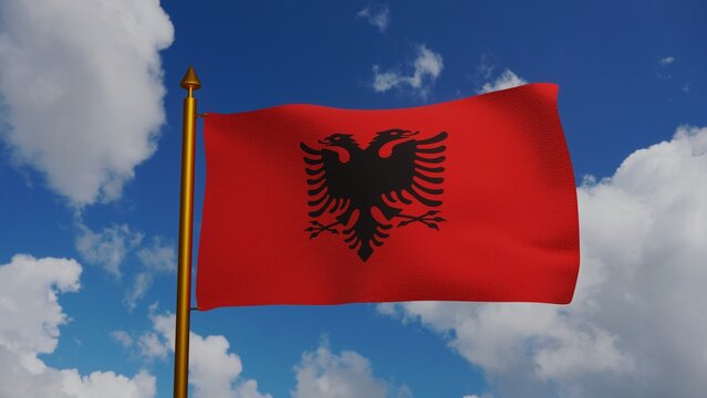 National flag of Albania waving 3D Render with flagpole and blue sky, Republic of Albania flag textile, Flamuri Kombetar or Flamuri i Republikes se Shqiperise Designed by Sadik Kaceli. 3d illustration