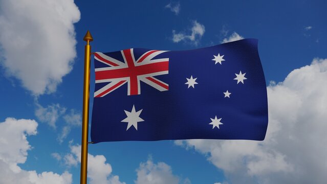 National flag of Australia waving 3D Render with flagpole and blue sky, Federation of Australia flag textile designed by Annie Dorrington, Ivor Evans, Lesley Hawkins, Egbert Nutall. 3d illustration
