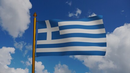 National flag of Greece waving 3D Render with flagpole and blue sky, Flag of the Hellenic Republic, Galanolefki or Kyanolefki, Greece flag. High quality 3d illustration