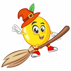 cute lemon fruit mascot character illustration logo icon vector become a witch who flies on a broom