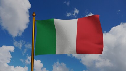National flag of Italy waving 3D Render with flagpole and blue sky, Italian flag or il Tricolore bandiera dItalia, first tricolour cockade flag Italian Republic. High quality 3d illustration