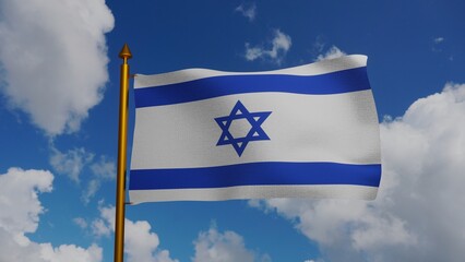 National flag of Israel waving 3D Render with flagpole and blue sky, flag State of Israel used Star of David, Flag of Zion or Israel flag. High quality 3d illustration