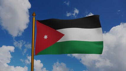 National flag of Jordan waving 3D Render with flagpole and blue sky, kingdom jordan flag textile used Pan-Arab Colors, similar Flag of the Arab Revolt. High quality 3d illustration
