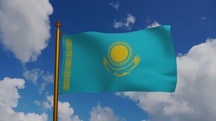 National flag of Kazakhstan waving 3D Render with flagpole and blue sky, Republic of Kazakhstan flag textile by Shaken Niyazbekov, coat of arms Kazakhstan independence day, Kazakh flag. illustration