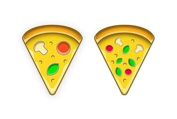 Set of two Pizza Slices Icon in Enamel Pin Badge Style. Embossed Metal. Realistic Icon.