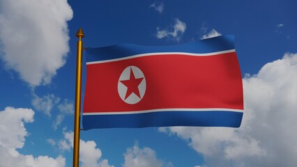 National flag of North Korea waving 3D Render with flagpole and blue sky, Ramhongsaek Konghwagukgi or Flag of the Democratic Peoples Republic of Korea, DPRK flag. High quality 3d illustration