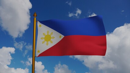 National flag of Philippines waving 3D Render flagpole and blue sky, Republic of Philippines flag textile, Feliciano Jocson by Julio Nakpil, coat of arms Philippines independence day. illustration