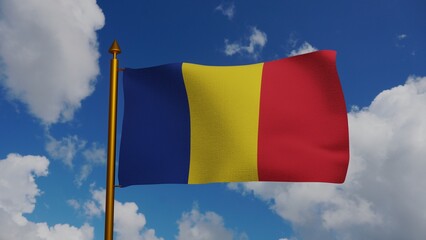 National flag of Romania waving 3D Render with flagpole and blue sky, Republic of Romania flag...