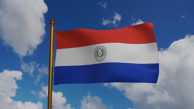 National flag of Paraguay waving 3D Render with flagpole and blue sky, Republic of Paraguay flag textile or Paraguayan flag, coat of arms Paraguay independence day, bandera de Paraguay. illustration