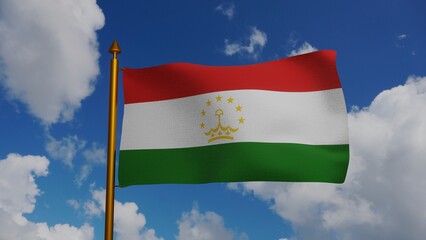 National flag of Tajikistan waving 3D Render with flagpole and blue sky, Republic of Tajikistan flag textile or Parcami Tojikiston, coat of arms Tajikistan independence day, Tajik. illustration