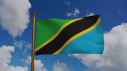 National flag of Tanzania waving 3D Render with flagpole and blue sky, United Republic of Tanzania flag textile or Swahili bendera ya Tanzania, coat of arms Tanzania independence day. illustration
