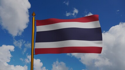 National flag of Thailand waving 3D Render with flagpole and blue sky, Kingdom of Thailand flag...