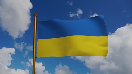 National flag of Ukraine waving 3D Render with flagpole and blue sky, Ukrainian Peoples Republic flag, Ukrainian independence or flag Ukraina textile. High quality 3d illustration