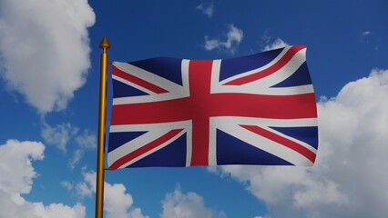 National flag of United Kingdom waving 3D Render with flagpole and blue sky, United Kingdom of Great Britain and Northern Ireland flag textile. British flag or uk independence day. illustration