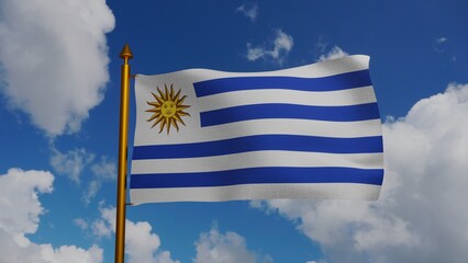 National flag of Uruguay waving Render with flagpole and blue sky, Oriental Republic of Uruguay...
