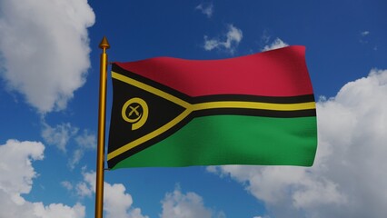 National flag of Vanuatu waving Render with flagpole and blue sky, Republic of Vanuatu flag textile by Kalontas Mahlon, coat of arms Vanuatu independence day, Bislama flaeg blong Vanuatu. illustration