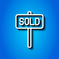 Sold banner simple icon vector. Flat design. White icon with shadow on blue background.ai