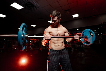 Naklejka na ściany i meble Handsome lifestyle male lifting weight. Young athletic man in sportswear training hard in gym.