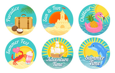 Summer sea icons in color circles for stickers and icons. Cute vector sea vintage design elements. 